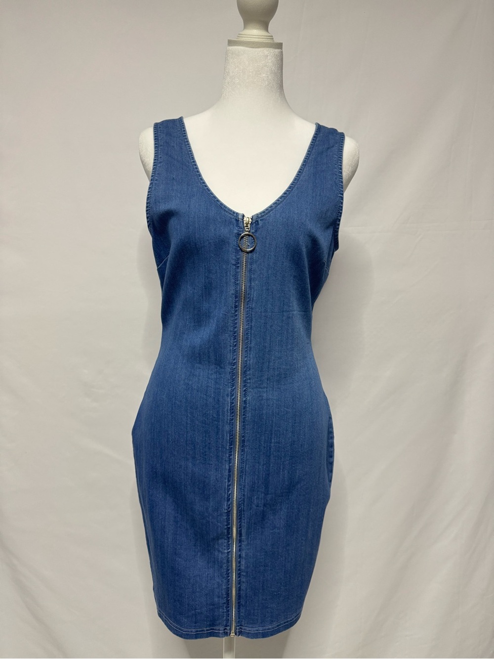 Iris 2-in-1 Zip Front Denim Mini Dress Scoop Back Blue Jean Size M